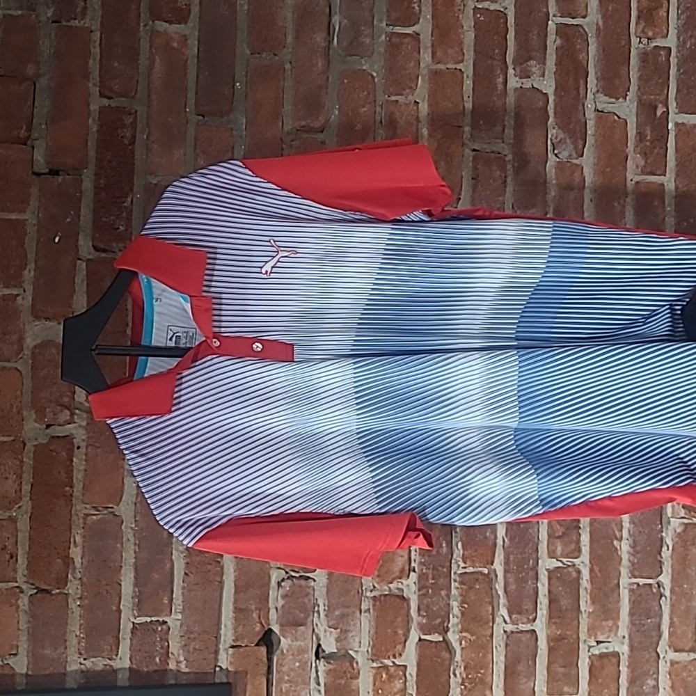 Puma Golf Men's Red and Blue Striped Polo Shirt, Size XL